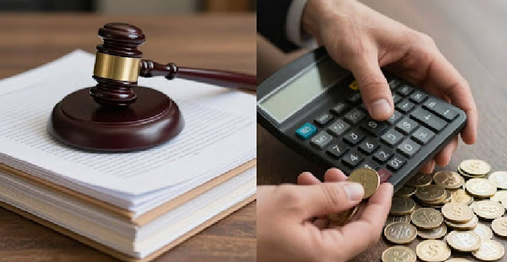 Gavel, documents, calculator, coins, and dollar sign.