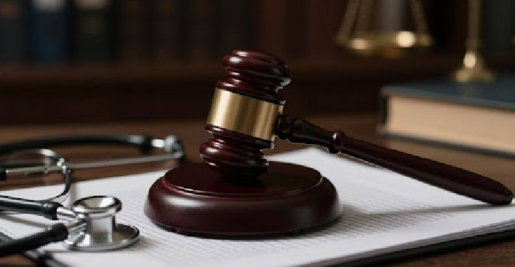 Gavel and stethoscope on legal papers.