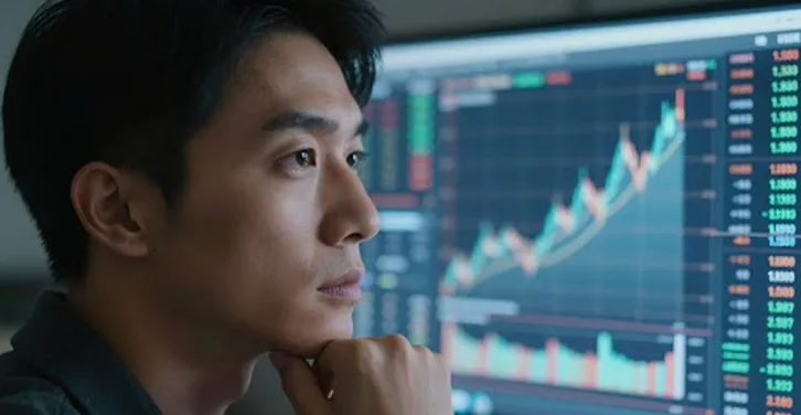 Person contemplating financial data on a screen.