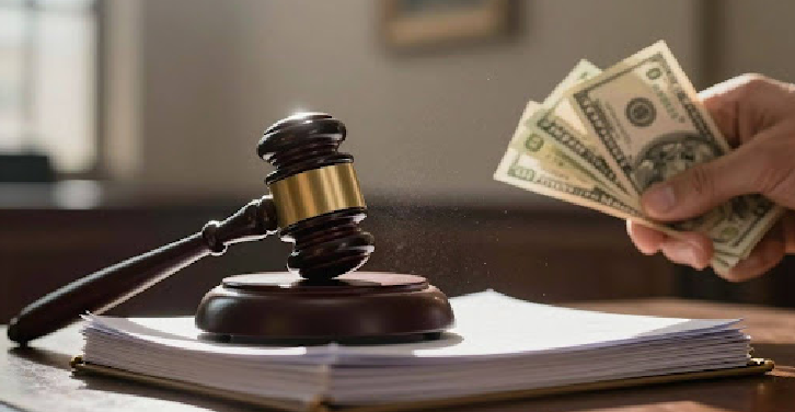 Gavel on legal documents with money and courthouse background.