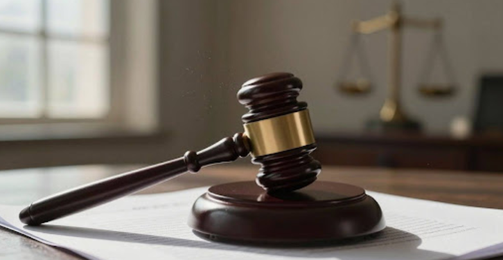 Gavel on legal document with courthouse background.