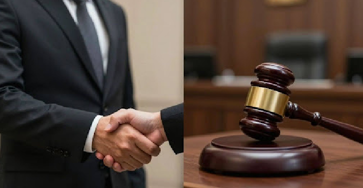 Handshake and gavel symbolizing legal resolution.